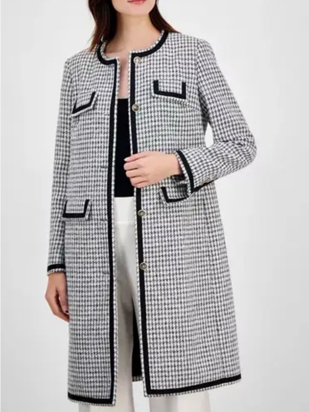 Anne Klein Black & White Houndstooth Trim Coat
